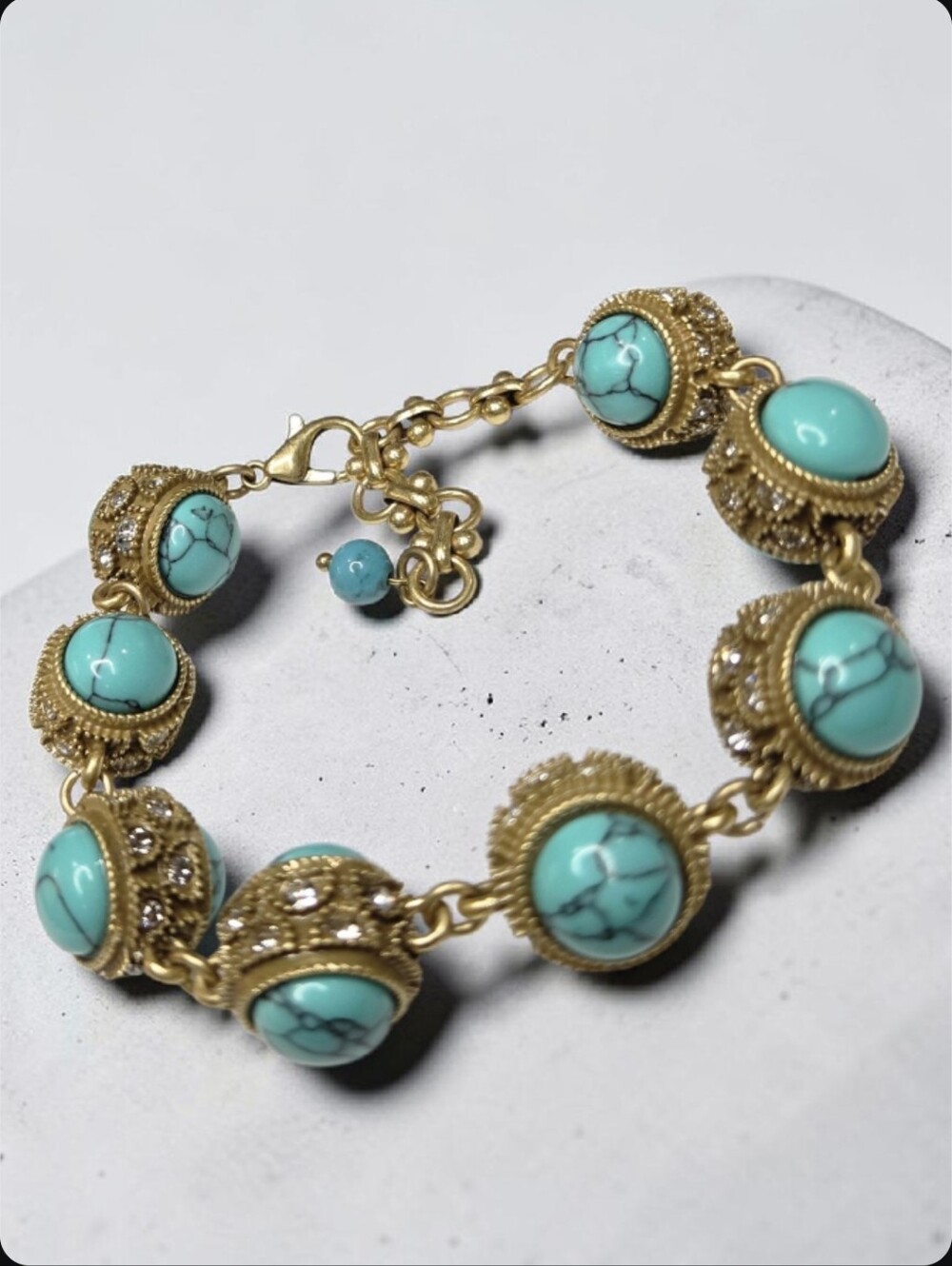 Antiqued Gold Chunky Etruscan Revival Turquoise Cabochon Crystal Chain Bracelet - Picture 2 of 5